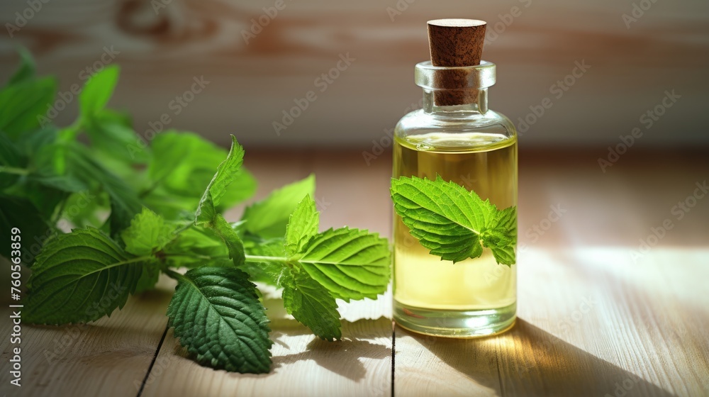 Peppermint essential oil in a small bottle with fresh green mint. Alternative medicine. Aromatherapy. Peppermint essential oil in a small bottle with fresh green mint. Alternative medicine. Aromatherapy.