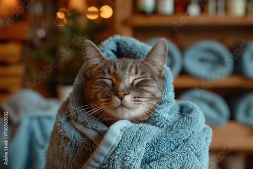 A cat is tightly wrapped in a soft blue towel, looking cozy and comfortable photo