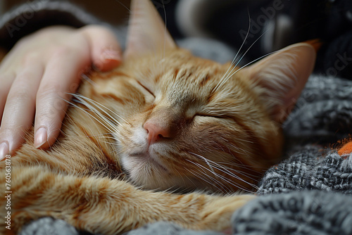 A close-up of a person gently petting a cat