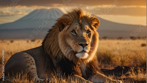 Lion portrait on savanna landscape background and mountain.