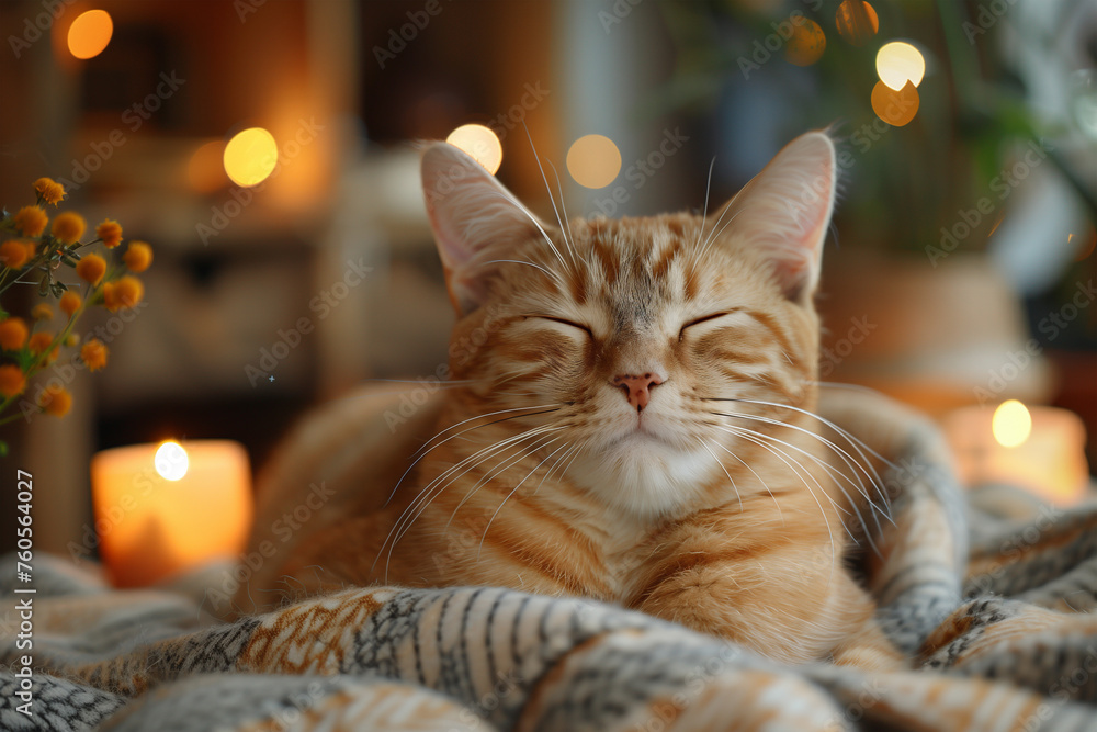 A cat relaxes on a blanket with closed eyes