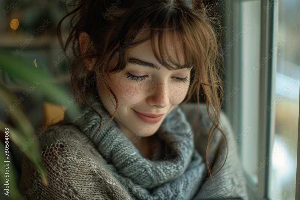 Close-up of a content young girl with freckles, smiling gently as she rests by a sunlit window.