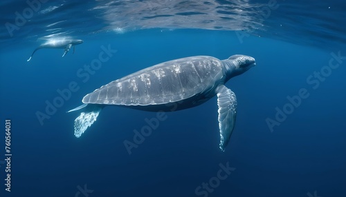 A Blue Whale Swimming Past A Group Of Sea Turtles © Alia