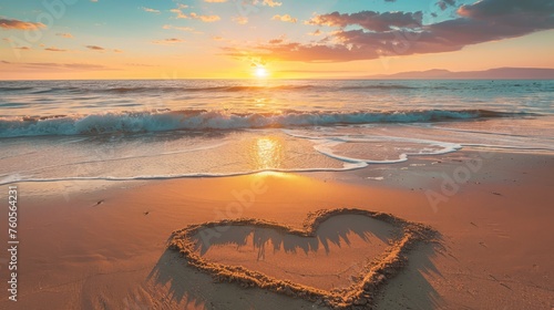 Heart drawn on the sand on a beach at sunset