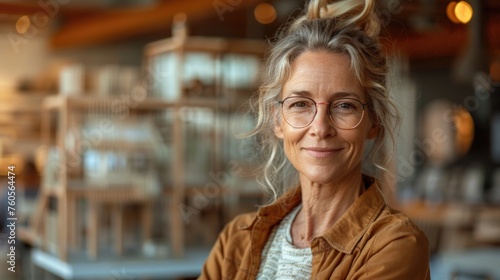 A focused portrait of a woman holding a tiny house model  suggesting themes of real estate  ownership  and property dreams.