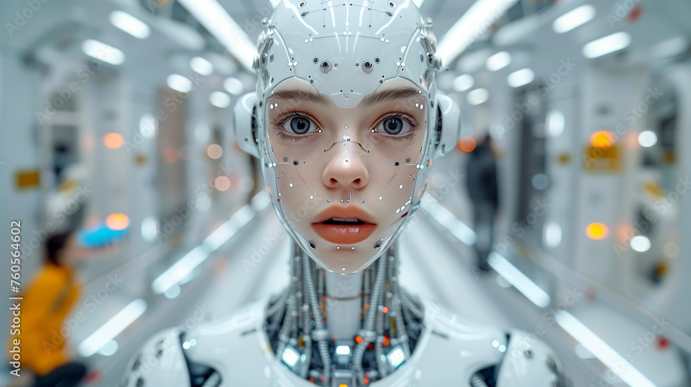 Face closeup of a cybernetic android woman standing in a train. (AI generated) Face closeup of a cybernetic android woman standing in a train. (AI generated)