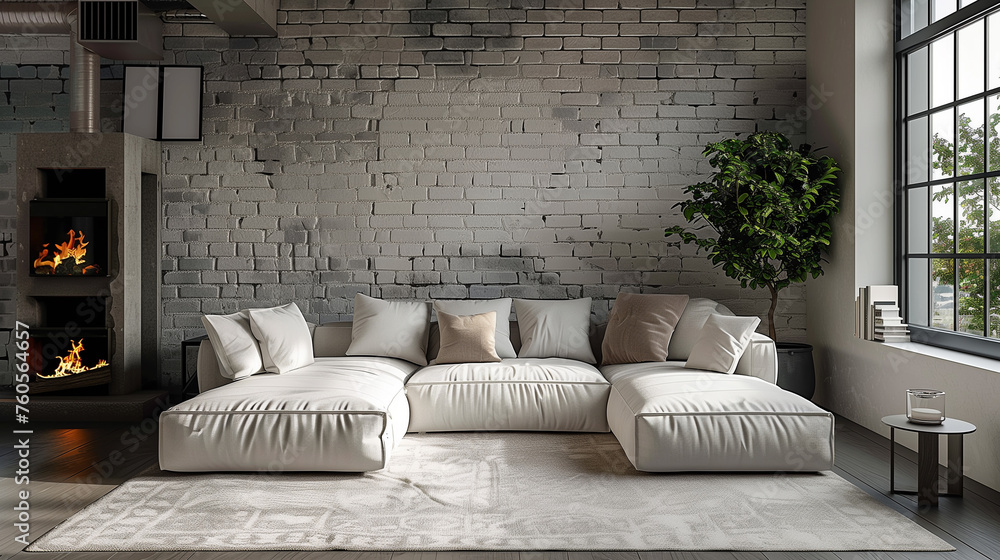 Naklejka premium living room interior design in loft style, with white brick walls, white sofa with pillows and modern fireplace