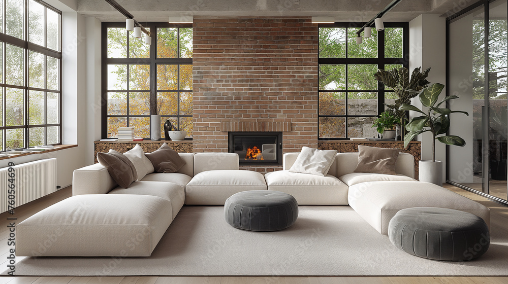 Living room interior design in loft style, with brick walls, white sofa with pillows and modern fireplace Living room interior design in loft style, with brick walls, white sofa with pillows and modern fireplace