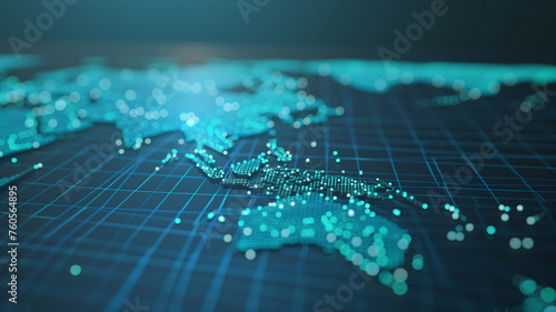 A 3D graphical representation of a global e-commerce analytics map, pinpointing sales hotspots around the world, with a sleek, digital look and copy space to the right photo