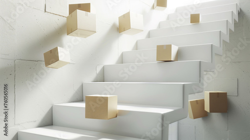 A sequence of packages levitating up a sleek, modern staircase, metaphorically illustrating the steps to success in dropshipping, Minimal, Clean, 3D Render, Photographic Style, Close Up,