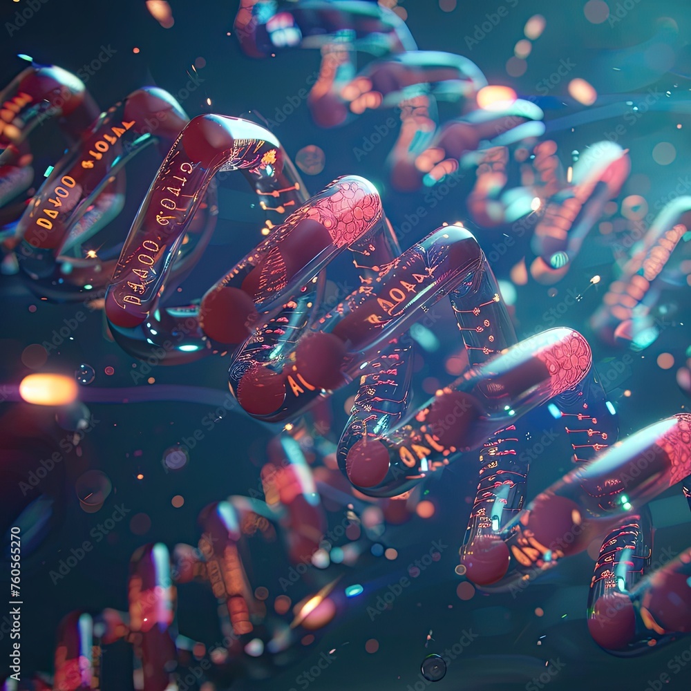 Fototapeta premium A 3D visualization of capsules arranged in a DNA double helix structure linking medicine to genetics