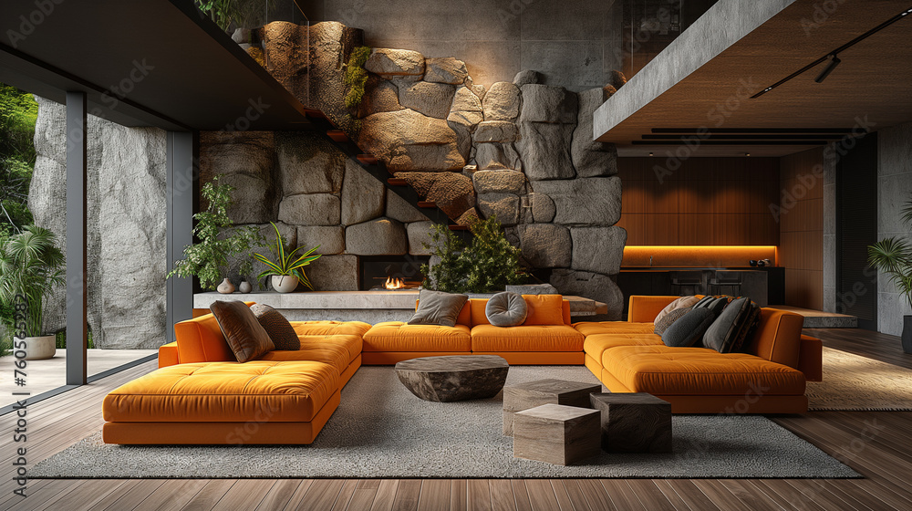 Interior design of a country house with a modern living room with a coffee table near a yellow sofa on the background of a stone wall with a fireplace Interior design of a country house with a modern living room with a coffee table near a yellow sofa on the background of a stone wall with a fireplace