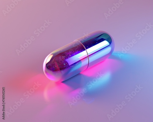 A 3D-rendered image of a pill with a holographic effect showcasing futuristic packaging and presentation