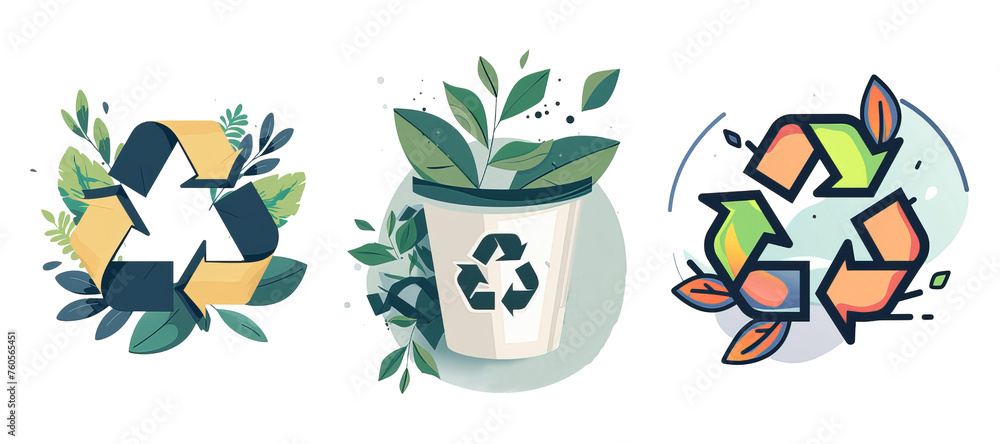 Obraz premium Set of Recycle or Reuse illustrations. Green energy and sustainability concept icons isolated on transparent background