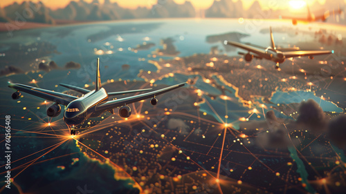 E-commerce without borders, photorealistic 3D cargo planes over digital maps, highlighting global trade