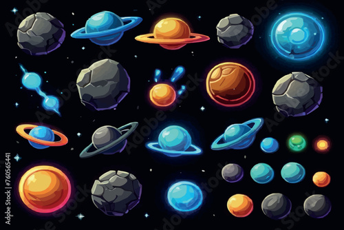 Cartoon space planets and stars seamless pattern, vector galaxy background. Fantasy space planets with alien planets of ice or fire, ufo spaceship and fantastic extraterrestrial satellites pattern