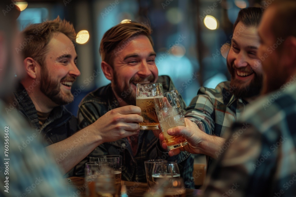 Multiple men sitting together at a table, socializing and enjoying beer.