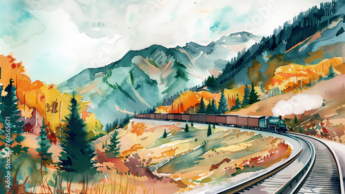 Watercolor illustration of a scenic train route for National Train Day, with a focus on clean, minimalistic beauty, close up view