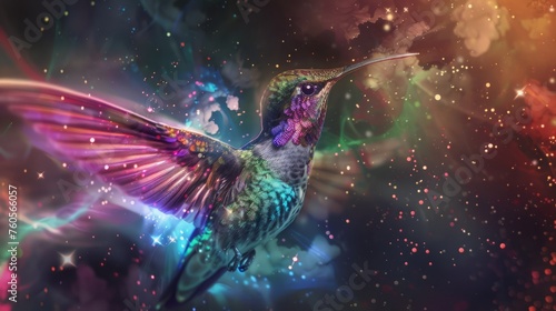 Hummingbird in flight. Colibri bird in cosmic space