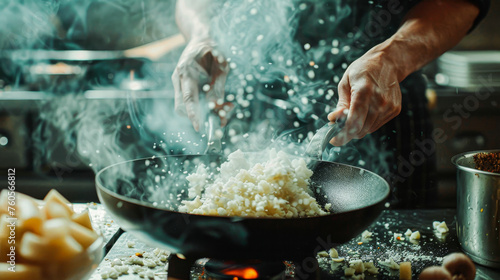 A chef is cooking rice in a wok with steam coming out of it. The steam and the wok's heat create a sense of warmth and comfort