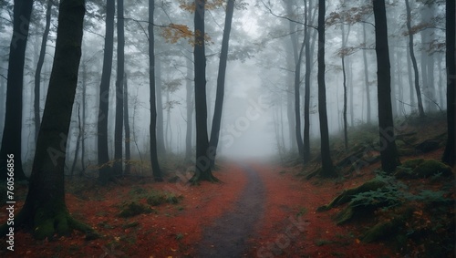 Path through  a strange beautiful forest with fog.
