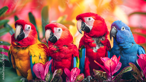 Four colorful parrots are sitting on a leafy green bush. The birds are of different colors, including red, yellow, blue, and green. Concept of vibrancy and liveliness