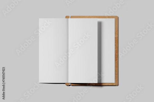 Folded menu on wooden board with elastic band mockup. 3D rendering