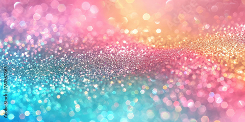 Colorful pastel glitter background with bokeh, pink blue and light green gradient, sparkles, Rainbow glitter, defocused light, stars, birthday, and particles.rainbow mermaid unicorn banner