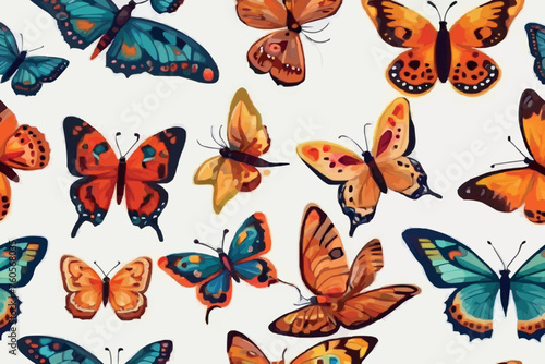 Vector pattern with the image of colored butterflies flying small and large on white background in flat style.  © Farjana CF- 2969560