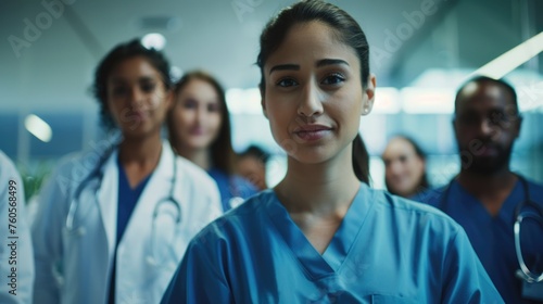 A group of diverse medical professionals wearing scrubs and coats stand together in a hospital, displaying confidence and teamwork.