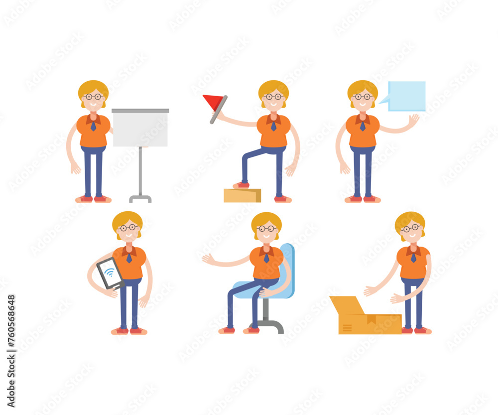 geek woman characters in various poses set vector illustration geek woman characters in various poses set vector illustration