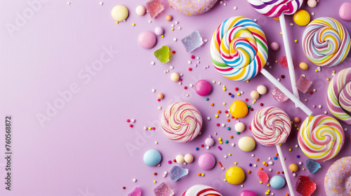multi colored candies with candies and sweets rainbow with light purple background