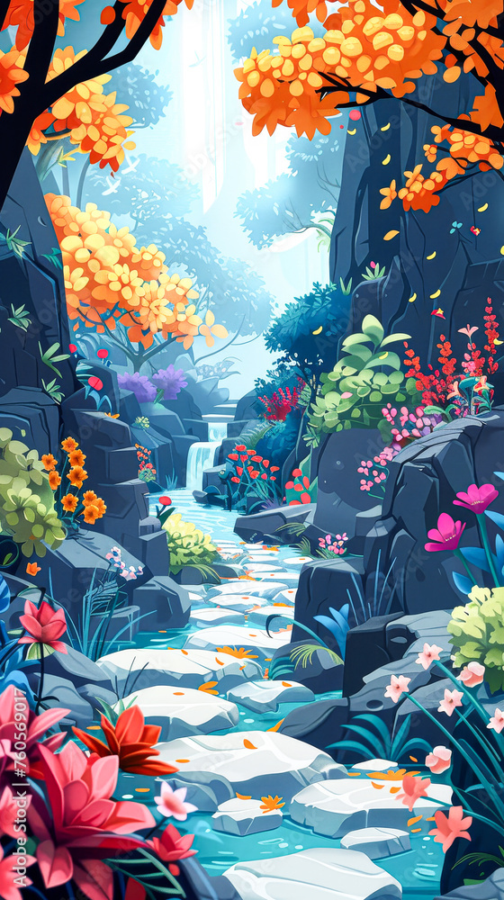 A colorful, lush, and vibrant forest with a waterfall and a path