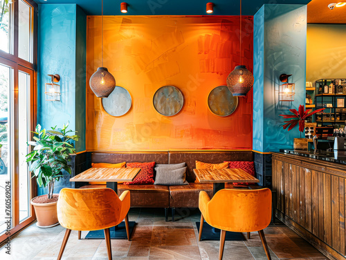 A colorful restaurant with orange chairs and tables. The walls are painted in bright colors and there are three mirrors on the wall
