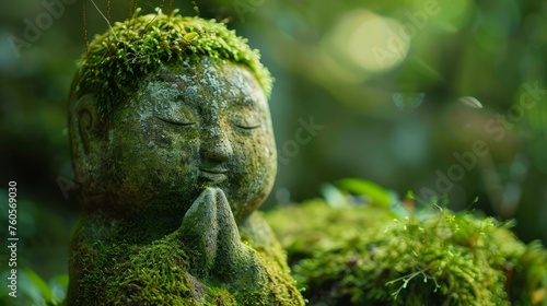Jizo statue with a calm and gentle expression covered with moss