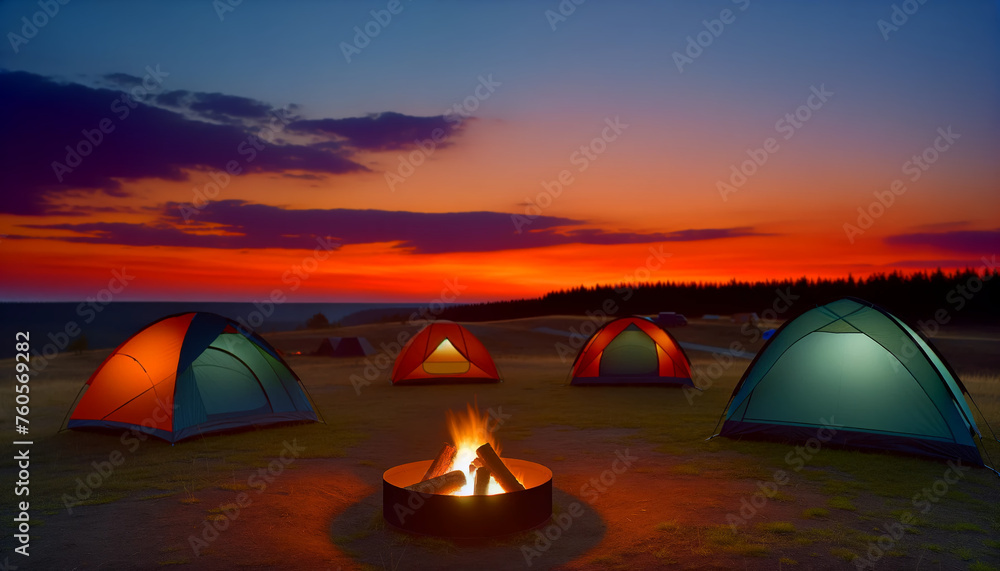 Peaceful Camping Landscape at Sunset: Warm Campfire, Modern Tents, and Vibrant Sky - Tranquil Nature and Adventure Background