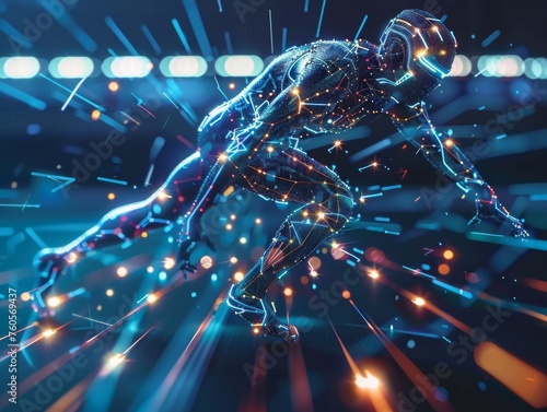 Dynamic image of a futuristic runner with glowing light trails in a high-speed motion concept.