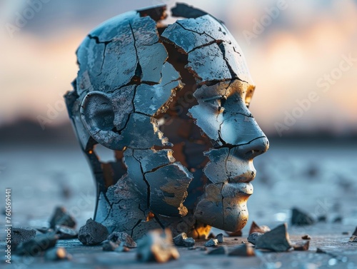 A conceptual cracked human head sculpture with sunset in the background symbolizing mental health or transformation. photo