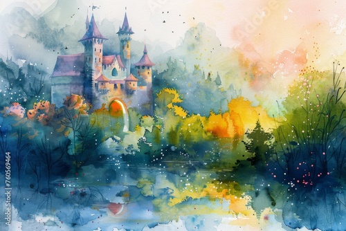 A whimsical watercolor painting of a fairy tale castle nestled in a mystical  colorful landscape.