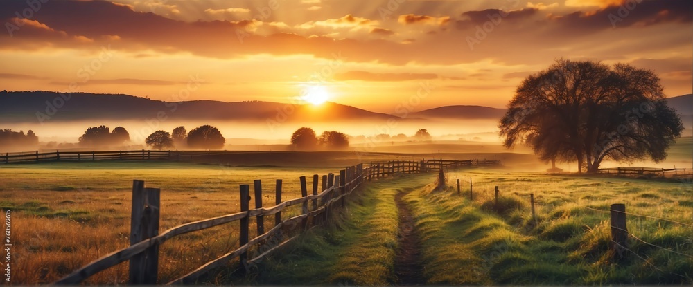 Obraz premium A beautiful sunrise on country side farm with wooden fence and barn house from Generative AI