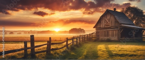A beautiful sunrise on country side farm with wooden fence and barn house from Generative AI photo
