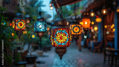 Colorful lanterns adorning Middle Eastern street for Ramadan © Jennifer