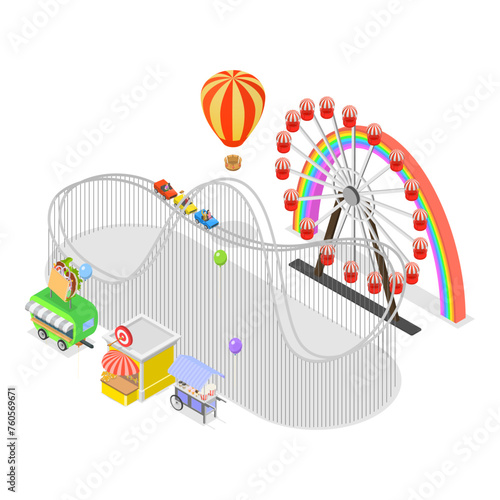 3D Isometric Flat Vector Set of Amusement Parks, Observation Wheel, Roller Coaster. Item 1
