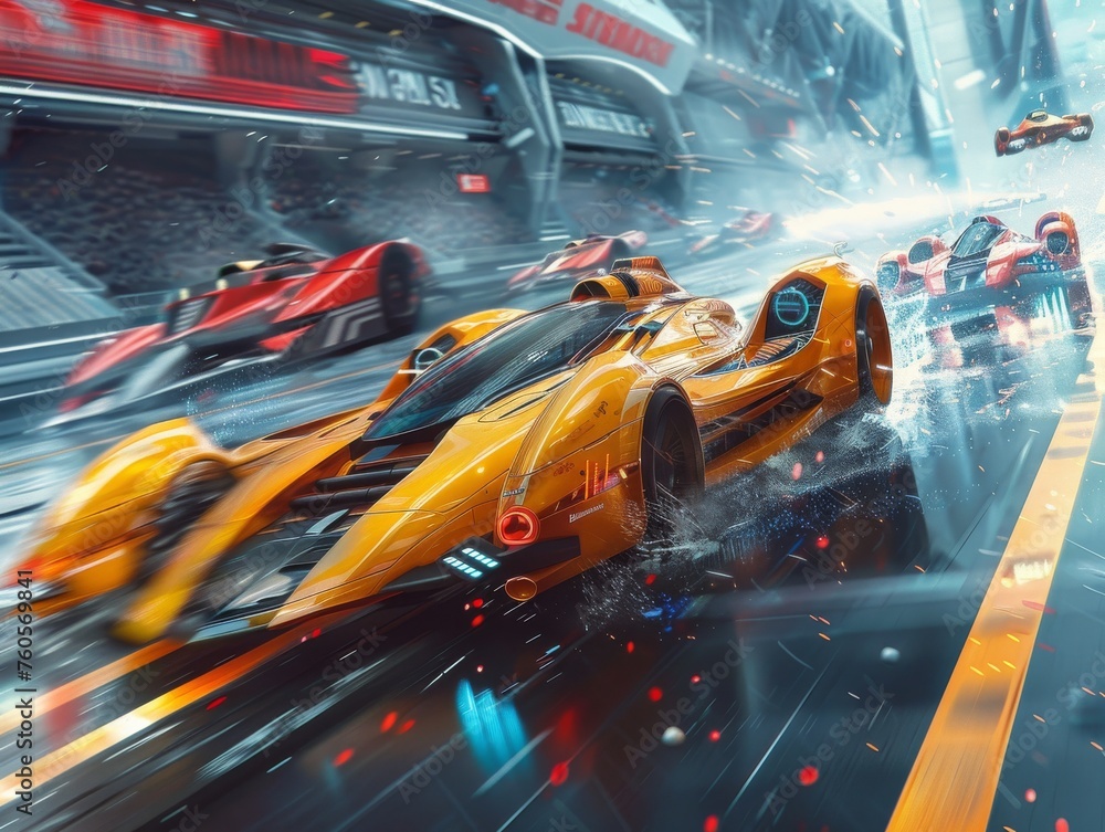 Vibrant futuristic racing cars speed through a dynamic track with motion blur, emphasizing high velocity and competition.