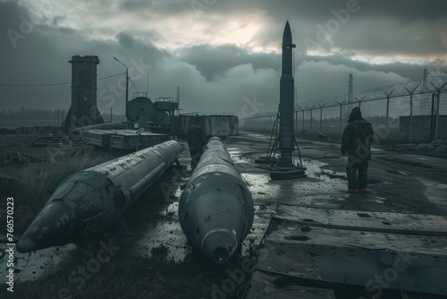 a workers dismantling decommissioned missiles in a disposal facility under a gloomy sky during the afternoon
 photo