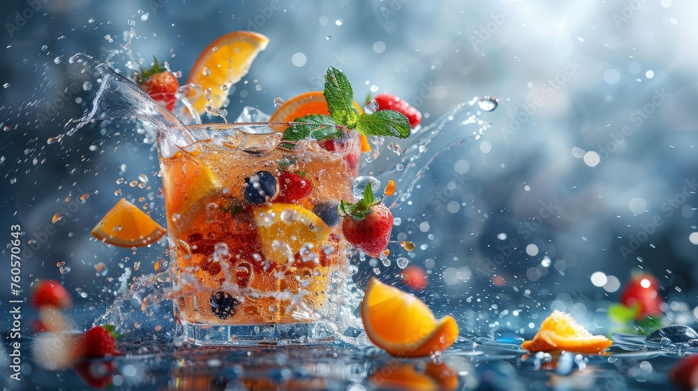A refreshing and colorful fruit cocktail making a vibrant splash, with droplets of water flying around, captured in a lively moment. A refreshing and colorful fruit cocktail making a vibrant splash, with droplets of water flying around, captured in a lively moment.