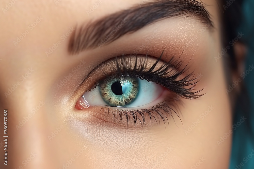 Obraz premium Close up of a human eye with long eyelashes with striking blue iris and detailed eyelashes.