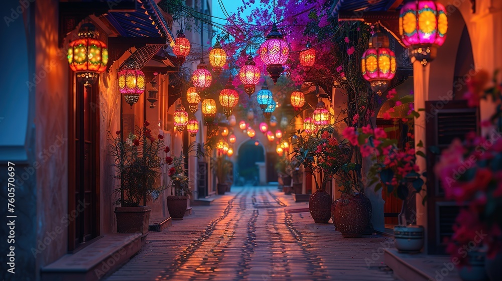 Fototapeta premium Colorful lanterns adorning Middle Eastern street for Ramadan