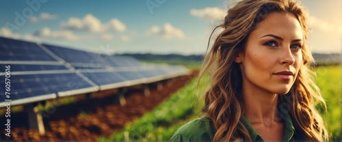 A young caucasion farmer woman on farm fields with solar panels on the side for green renewable energy banner copyspace from Generative AI photo