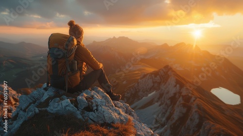 A solitary hiker sits atop a mountain peak, gazing at the stunning sunset over a panoramic landscape of peaks and valleys.
